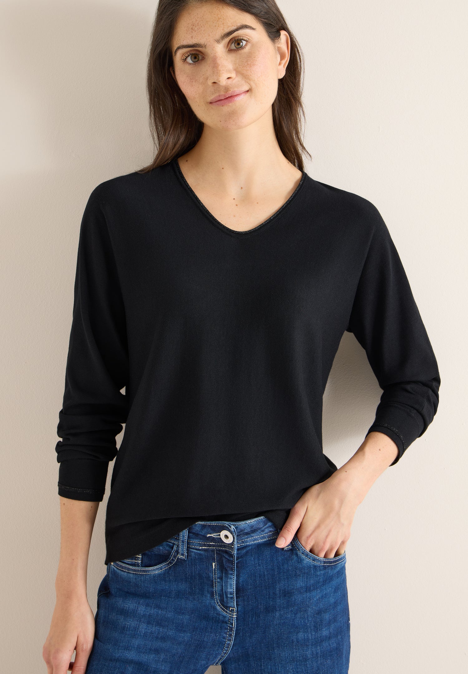 CECIL Damen Dolman Pullover Langarm V-Ausschnitt Glitzerstreifen