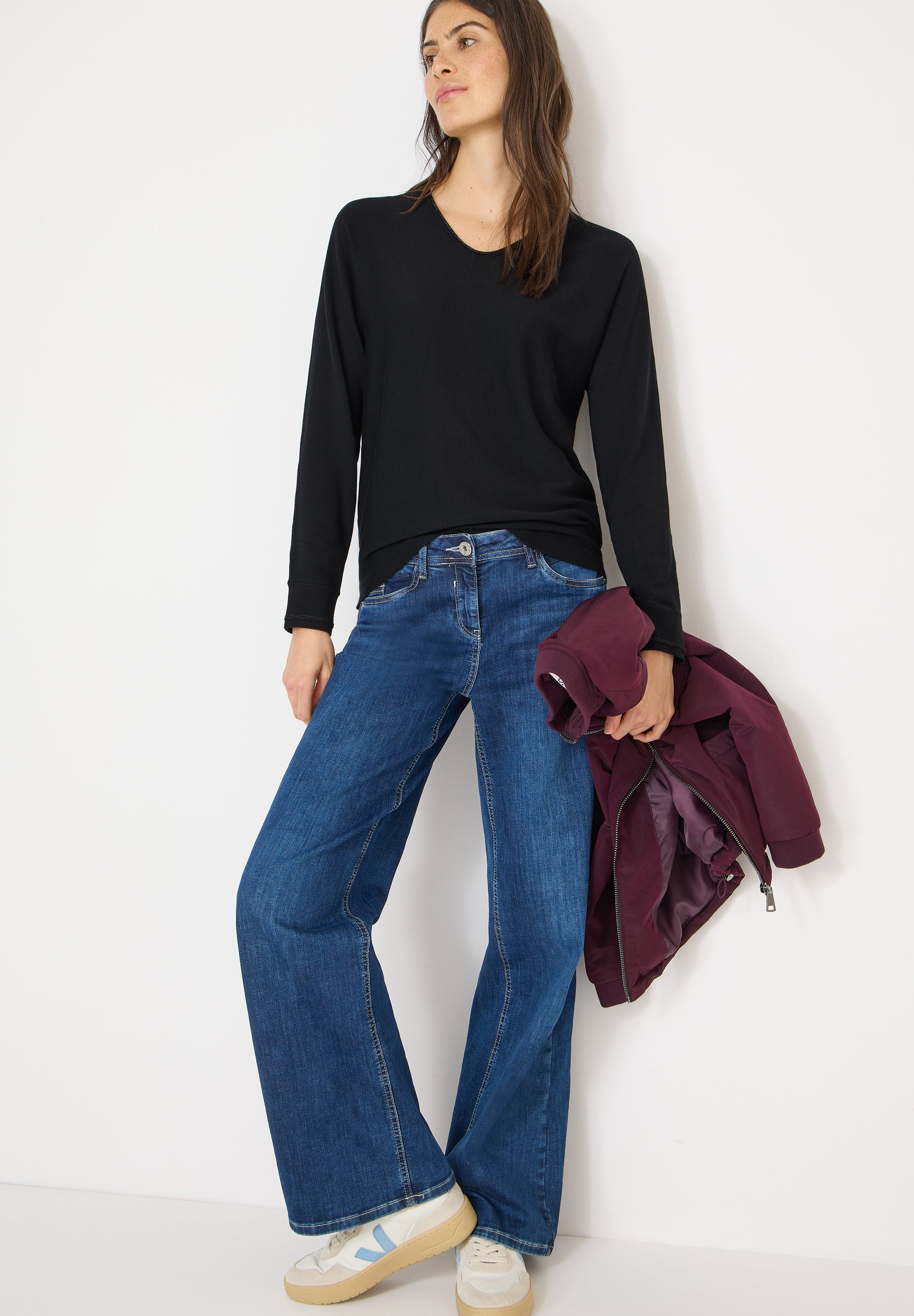 CECIL Damen Dolman Pullover Langarm V-Ausschnitt Glitzerstreifen