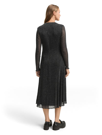 Midi-Kleid Damen Glitzer-Effekt Gewellter Saum Mesh-Stoff Metall