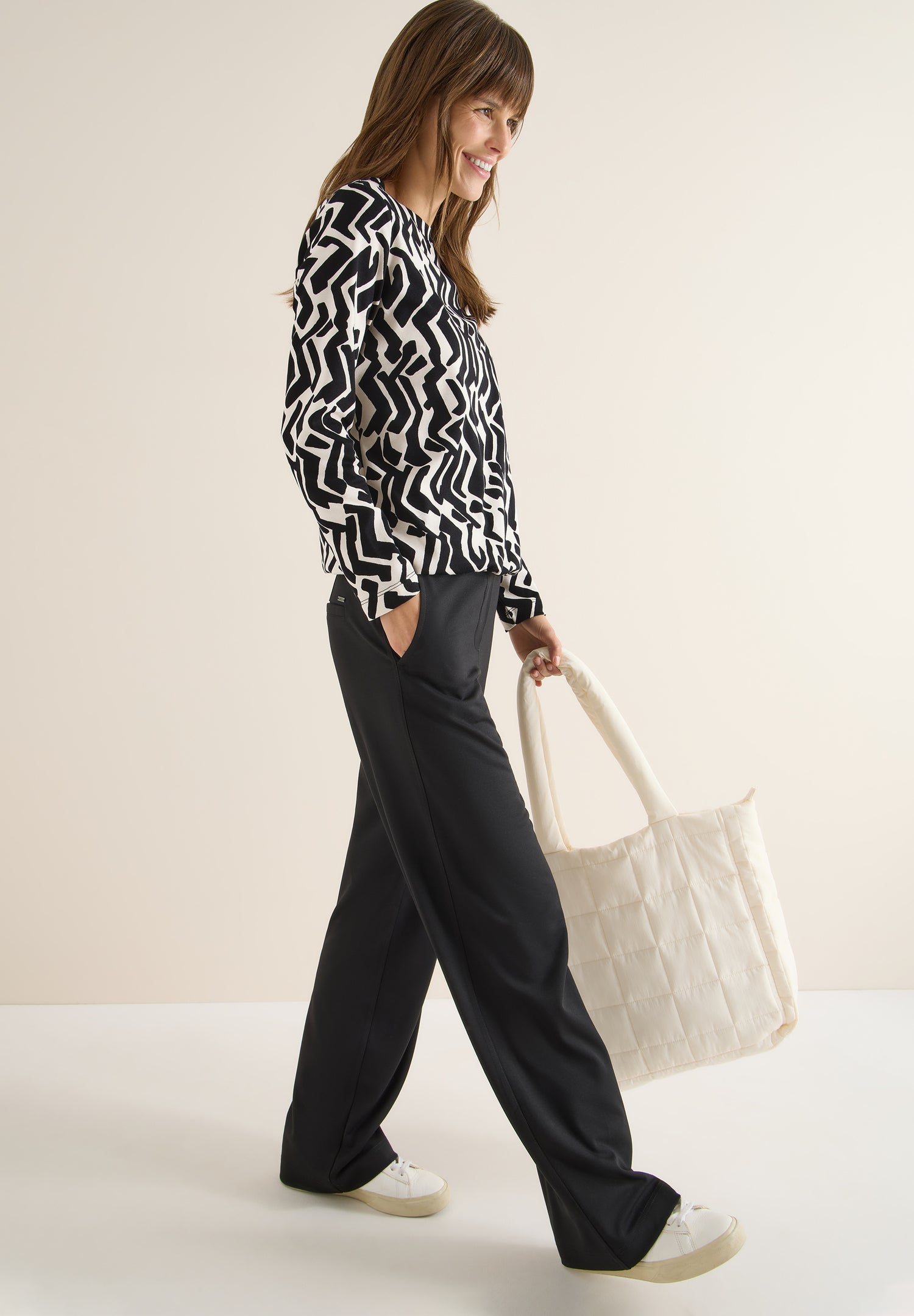 CECIL Damen Langarmshirt U-Boot-Ausschnitt Grafisches Muster Baumwolle