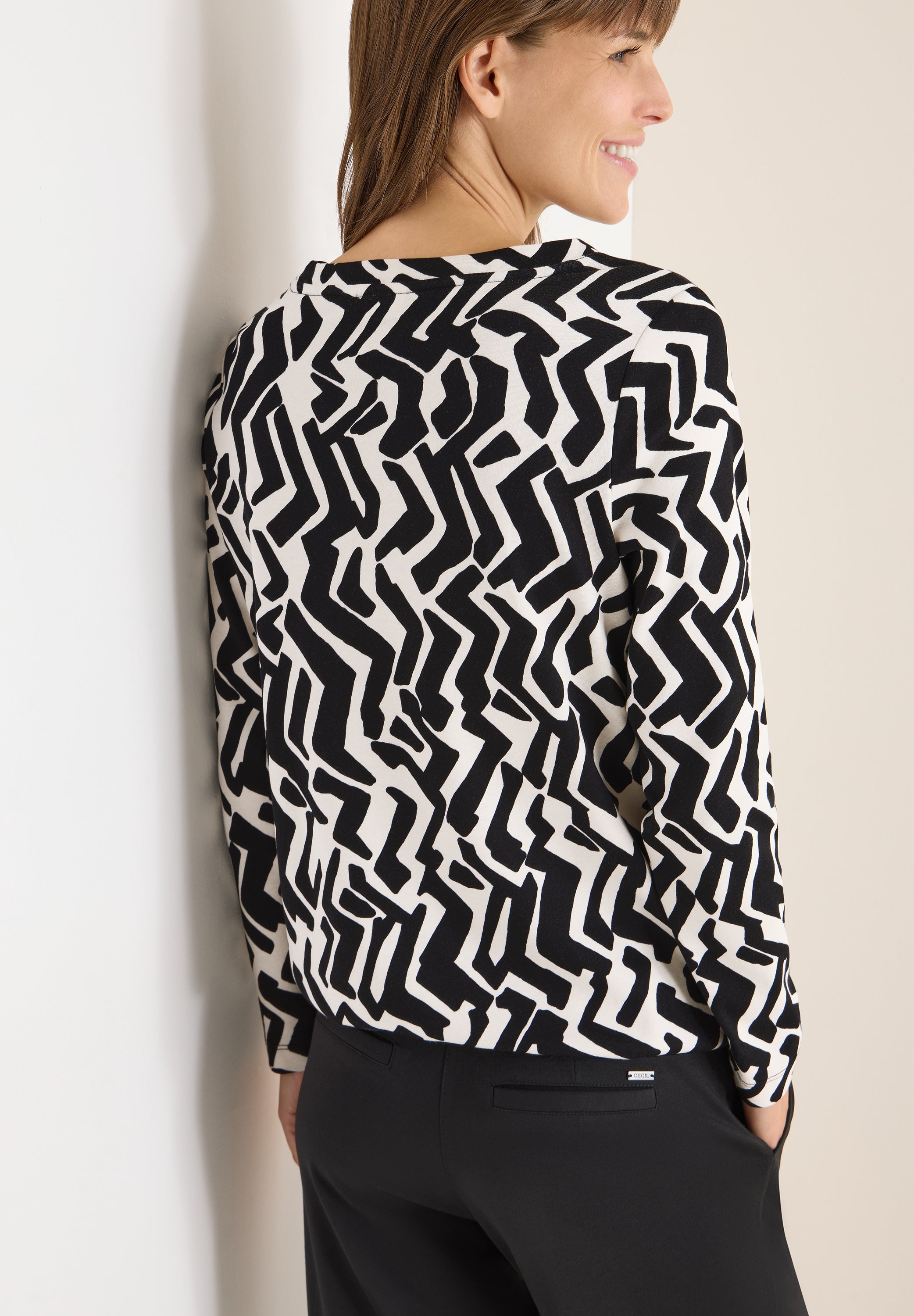 CECIL Damen Langarmshirt U-Boot-Ausschnitt Grafisches Muster Baumwolle