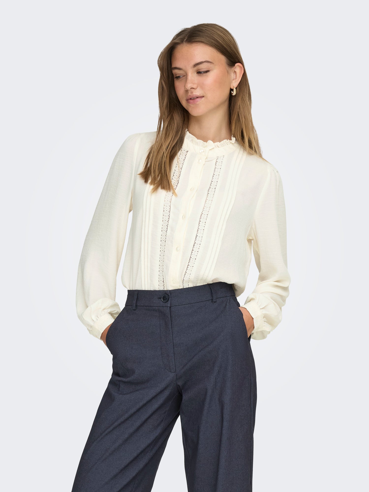 JDY Damen Bluse Langarm Voluminöser Armschnitt Hemd Rüschen