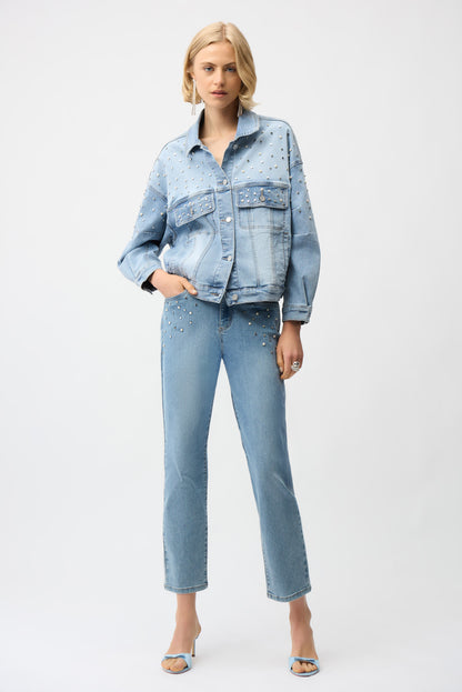 Oversize Jeansjacke Damen Glamour Nietenverzierungen Baumwolle