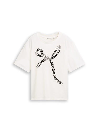 Tom Tailor Damen T-Shirt mit Schleife Print überschnittenem Ärmel 100% Baumwolle