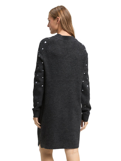 Kurzes Strickkleid Damen Kleid mit Herz-Stickereien Stehkragen