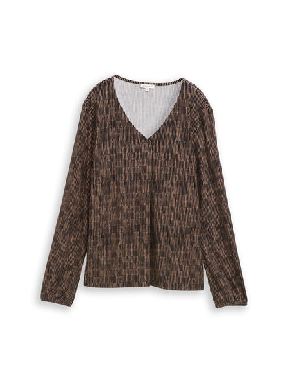 Tom Tailor Gemustertes Longsleeve Damen V-Ausschnitt Krepp-Material