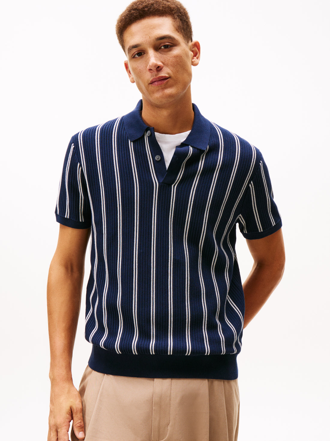 KNITTED VERTICAL STRIPE SS POLO