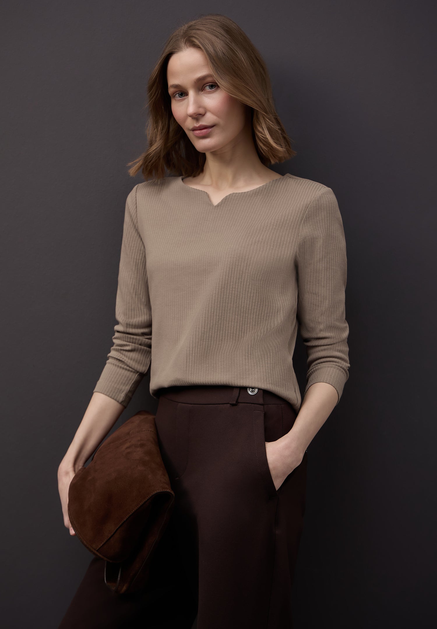 Street One Damen Langarmshirt Rundhalsausschnitt Schlitzdetail Stretch Baumwolle