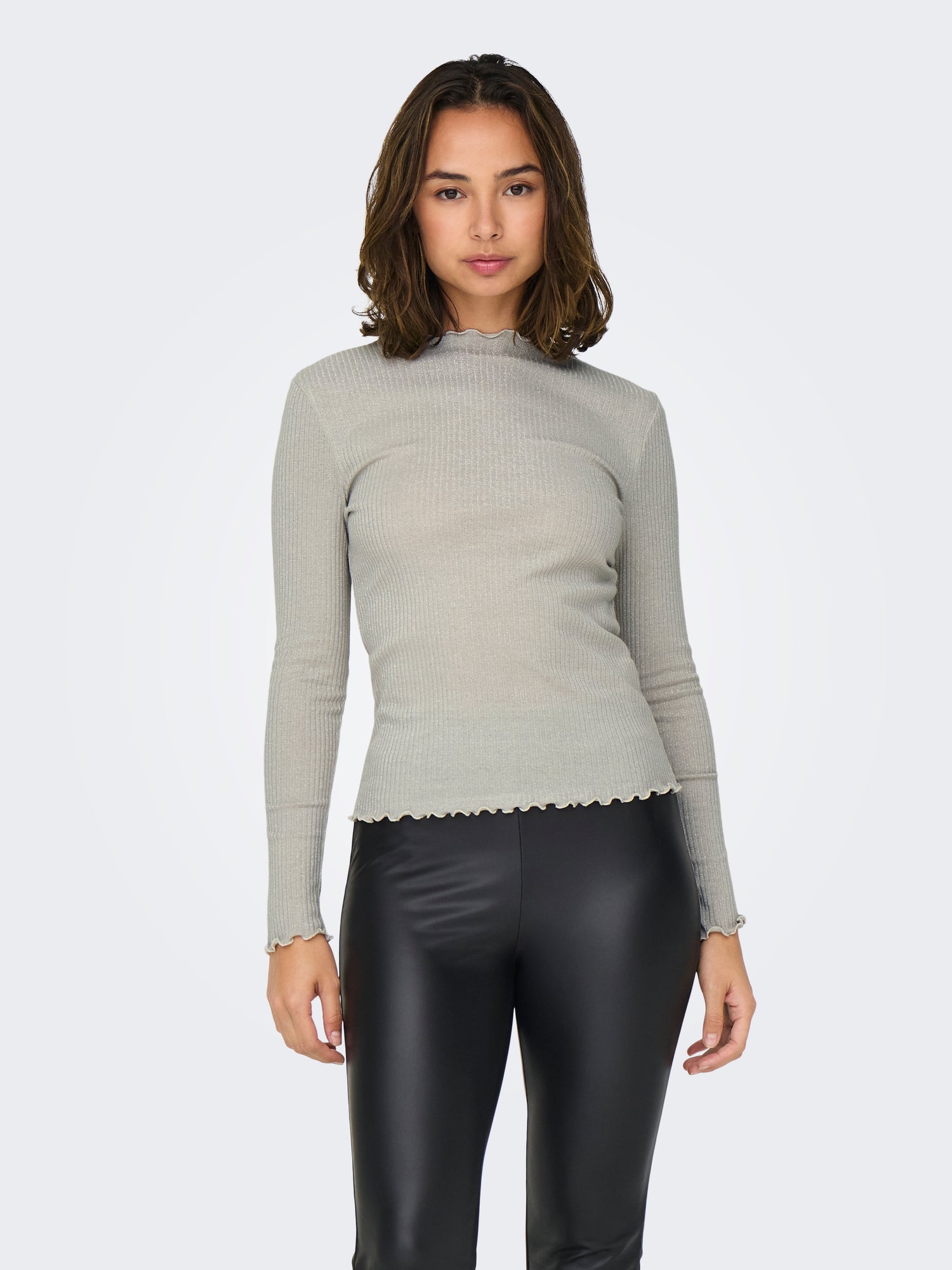 ONLY Glitzer-Effekt Langarm Top Damen Rundhals Baumwolle