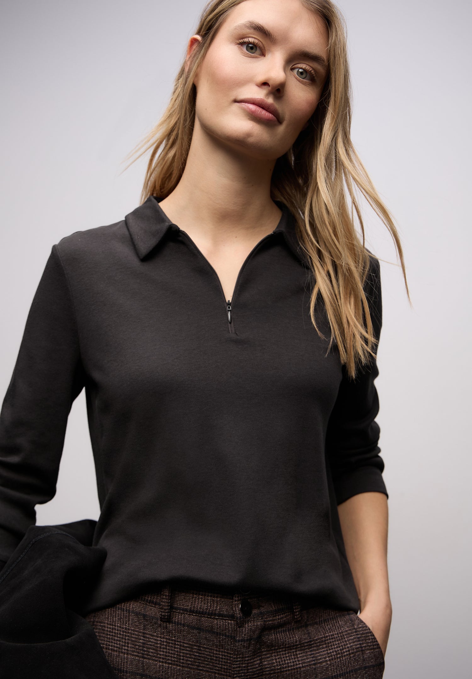 Street One Damen Poloshirt 3/4-Arm Zipper Baumwoll-Modal Mix