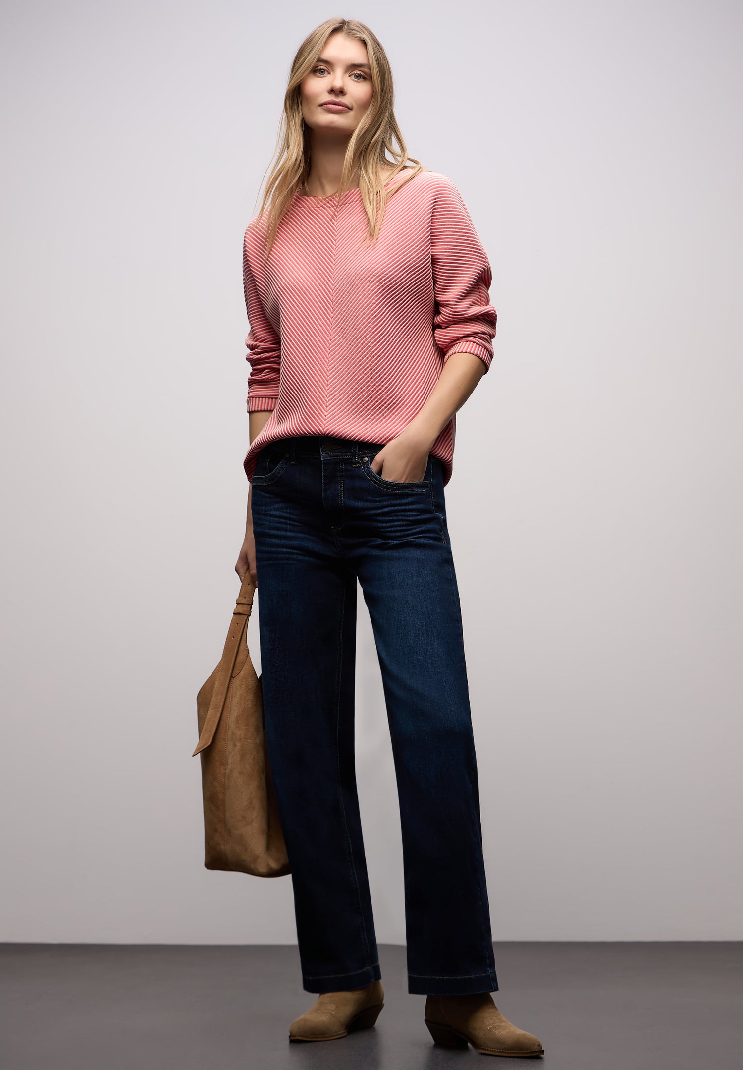 Street One Damen Shirt 3/4-Arm U-Boot-Ausschnitt Strukturmuster