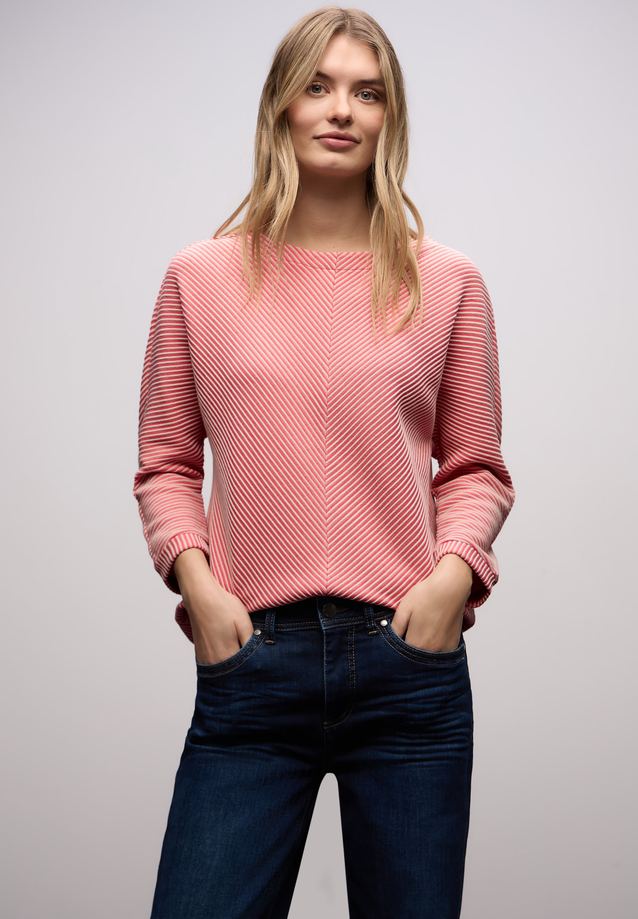 Street One Damen Shirt 3/4-Arm U-Boot-Ausschnitt Strukturmuster