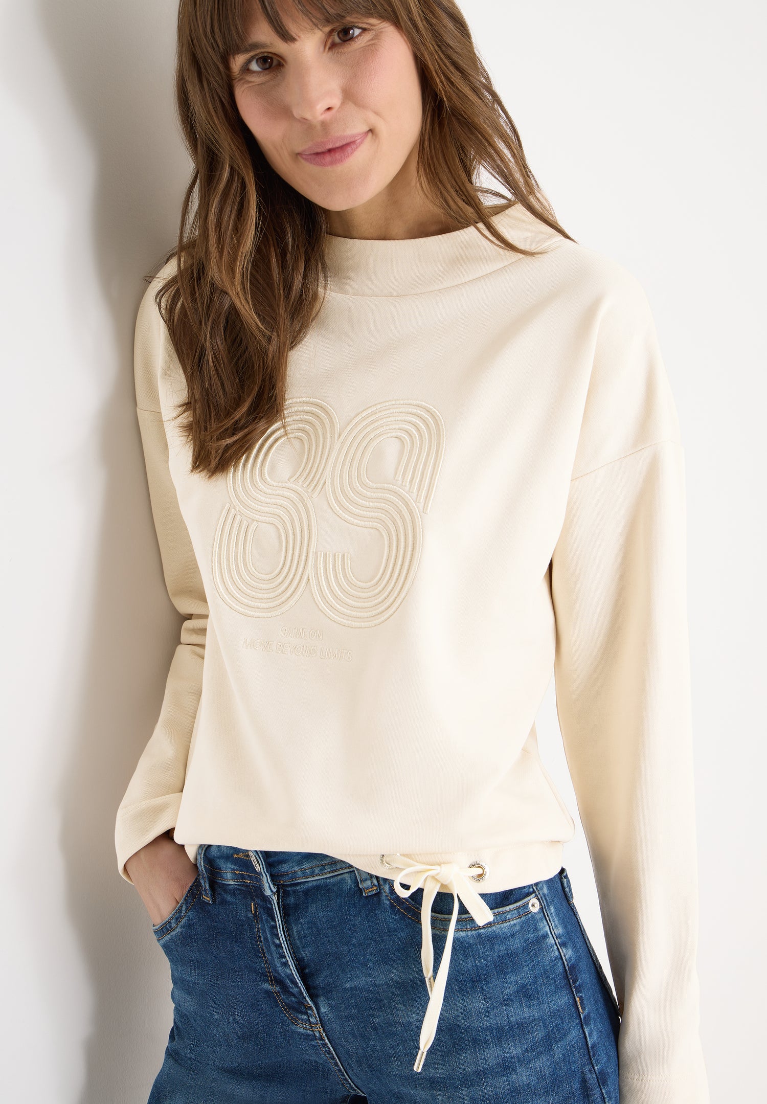 CECIL Damen Langarmshirt Embroidery Artwork Funnel Neck Tunnelzug