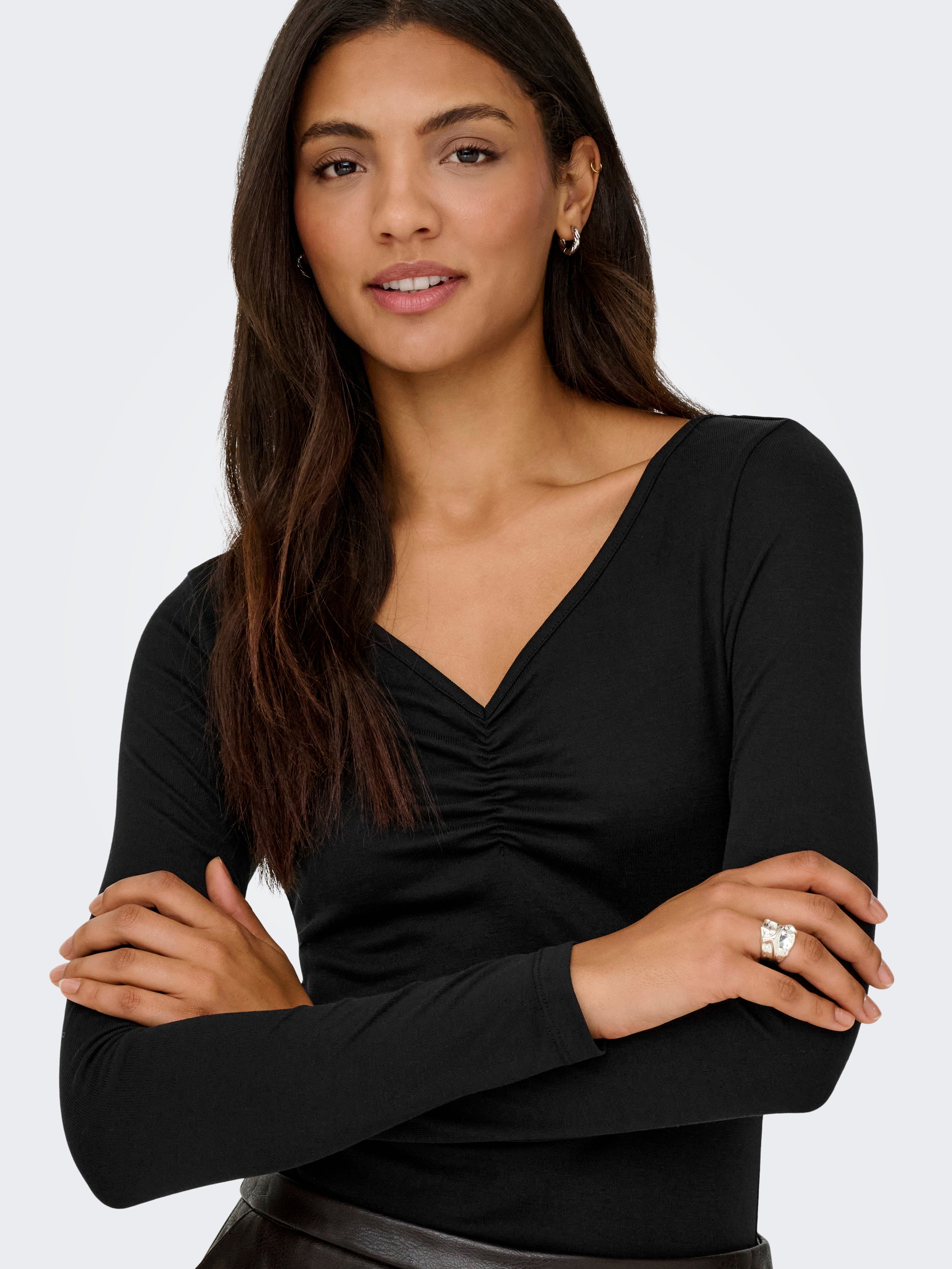 ONLY Plus Unisex Top Langarm V-Ausschnitt Knopf-Details Modal-Polyester
