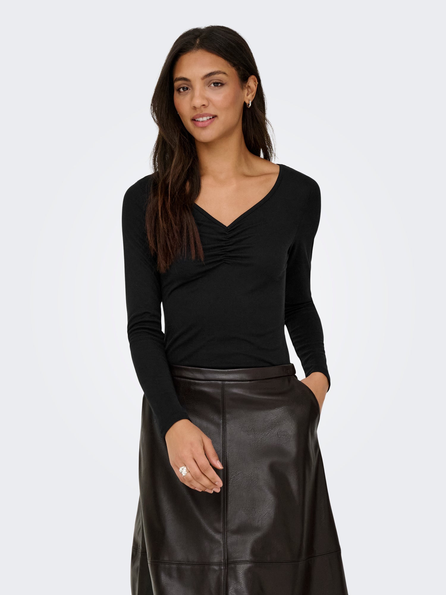 ONLY Plus Unisex Top Langarm V-Ausschnitt Knopf-Details Modal-Polyester