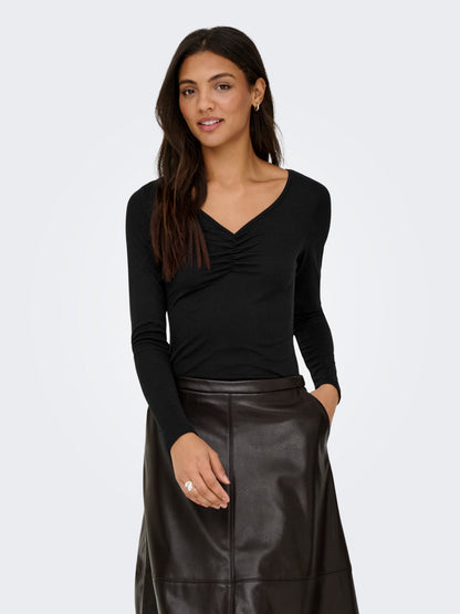 ONLY Plus Unisex Top Langarm V-Ausschnitt Knopf-Details Modal-Polyester