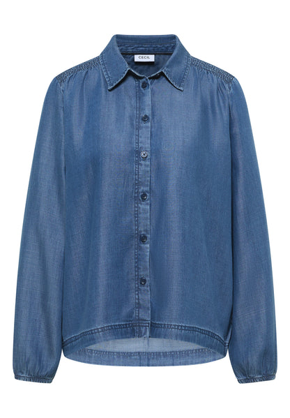 CECIL Damen Hemdbluse Smockdetails Denim-Look Lyocell