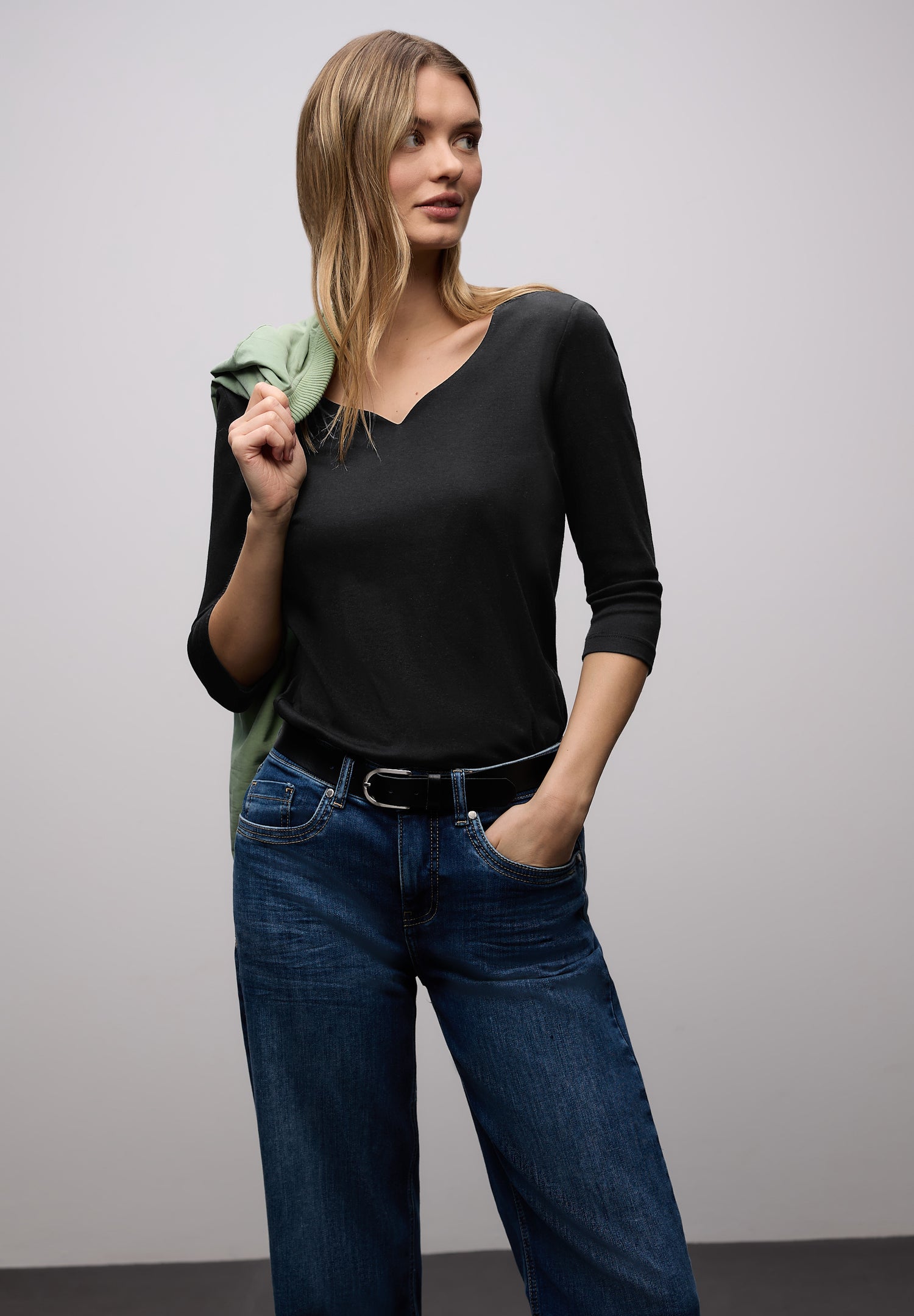 Street One Damen Jerseyshirt Herzausschnitt 3/4-Arm Casual