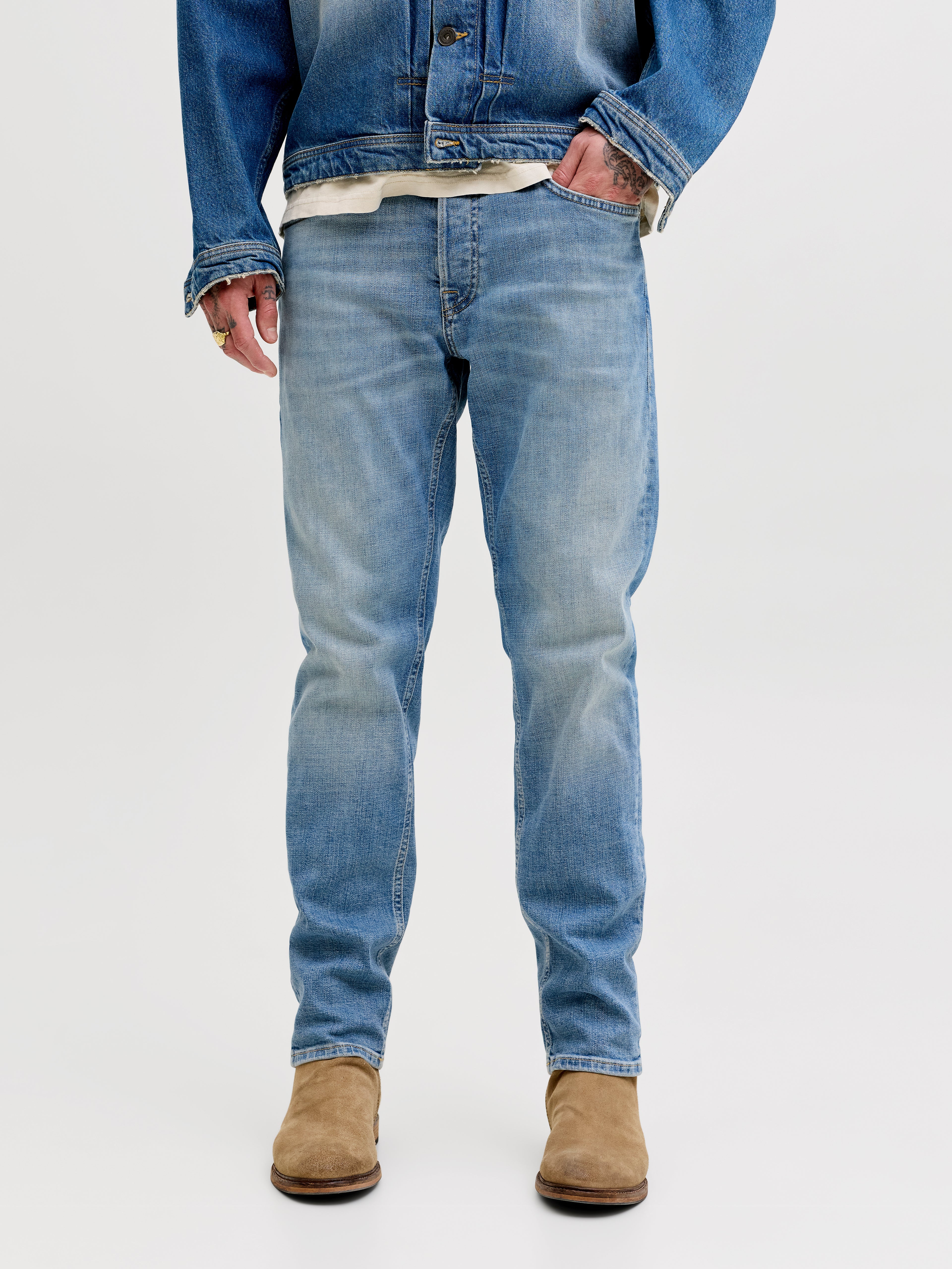 Jack &amp; Jones Classic Mid Rise Tapered Fit Jeans Stonewashed Used-Look