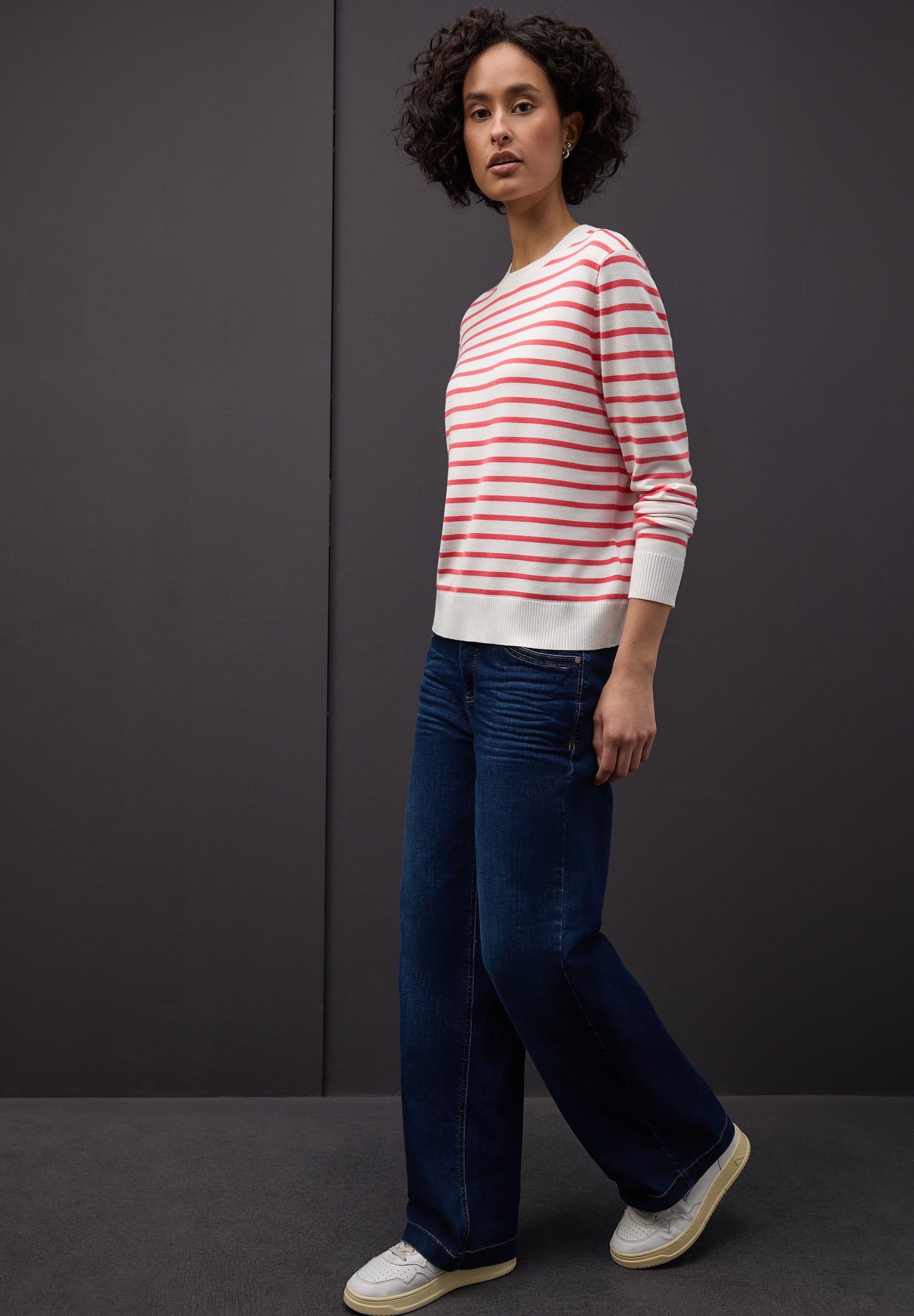 Street One Damen Pullover Gestreift Rundhalsausschnitt Langarm Rippstruktur