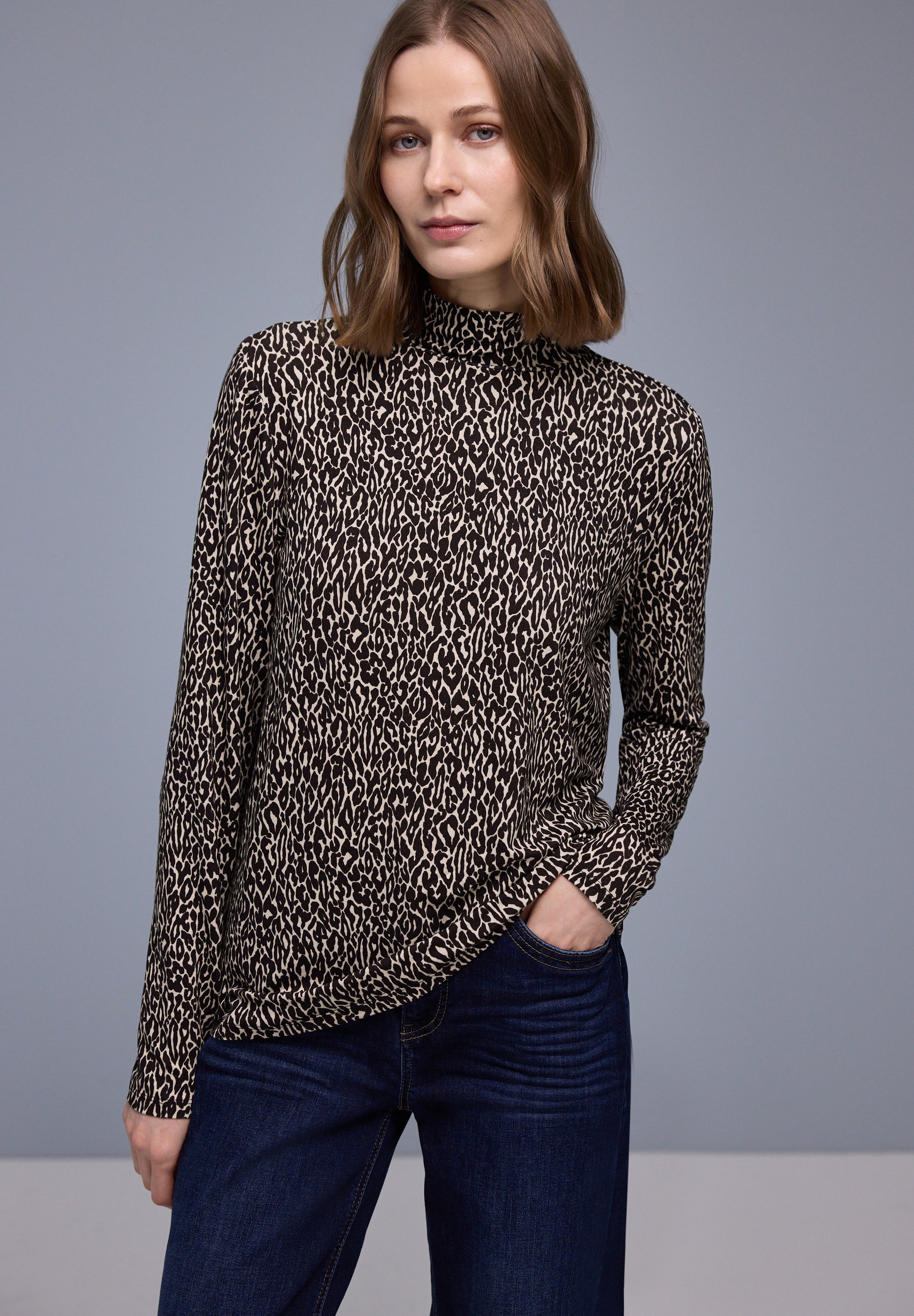 Street One Damen Langarmshirt Turtleneck Animal Print Viskosemix