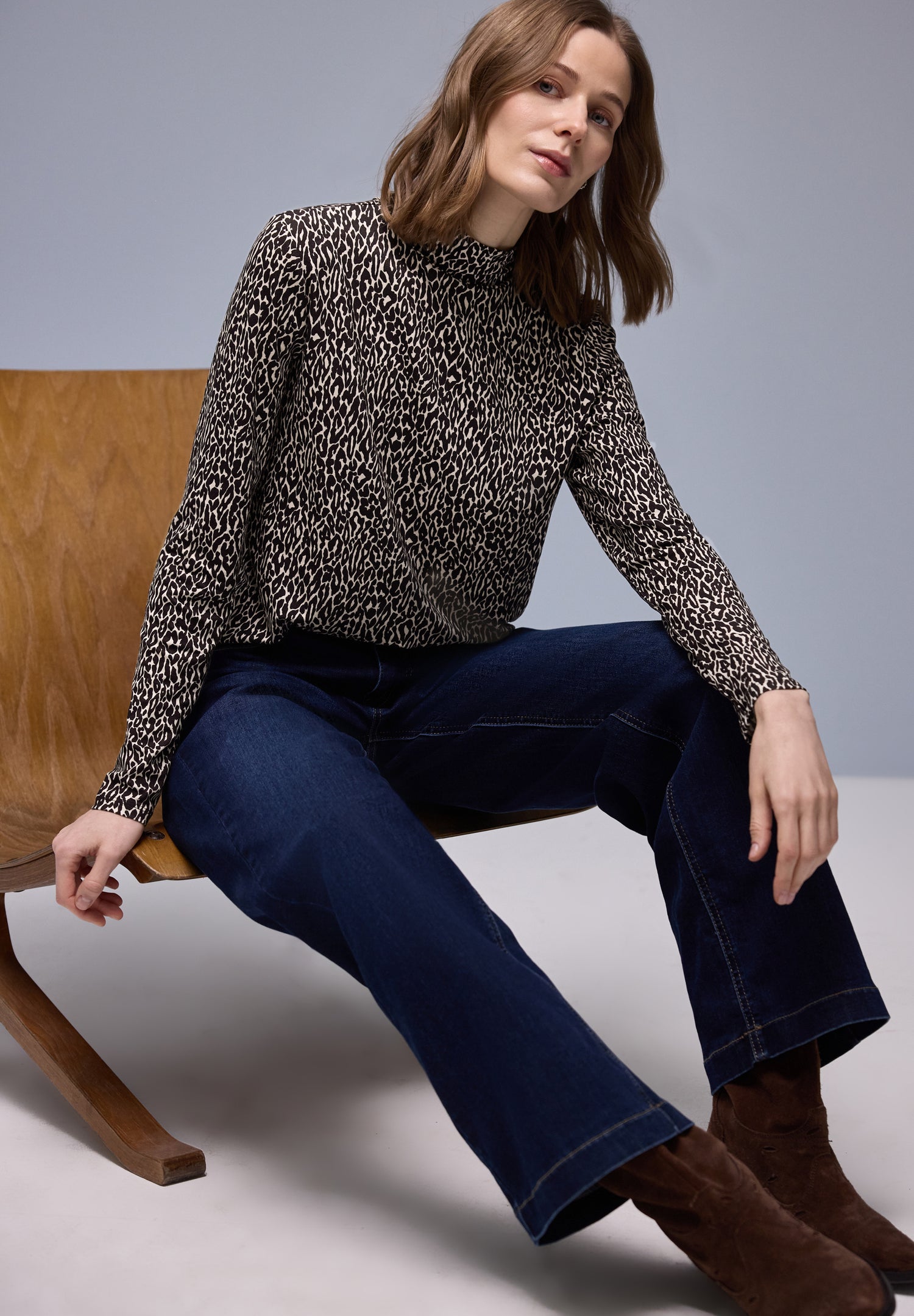 Street One Damen Langarmshirt Turtleneck Animal Print Viskosemix