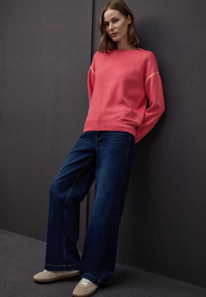 Street One Damen Feinstrickpullover Kontrastdetails Rundhalsausschnitt Viskosemix