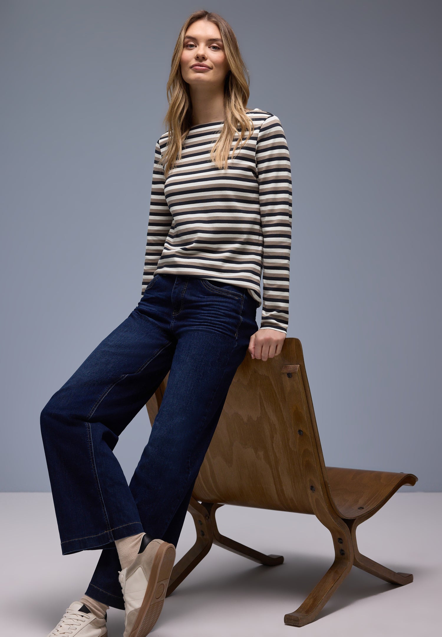 Street One Damen Baumwollshirt U-Boot-Ausschnitt Casual Basic