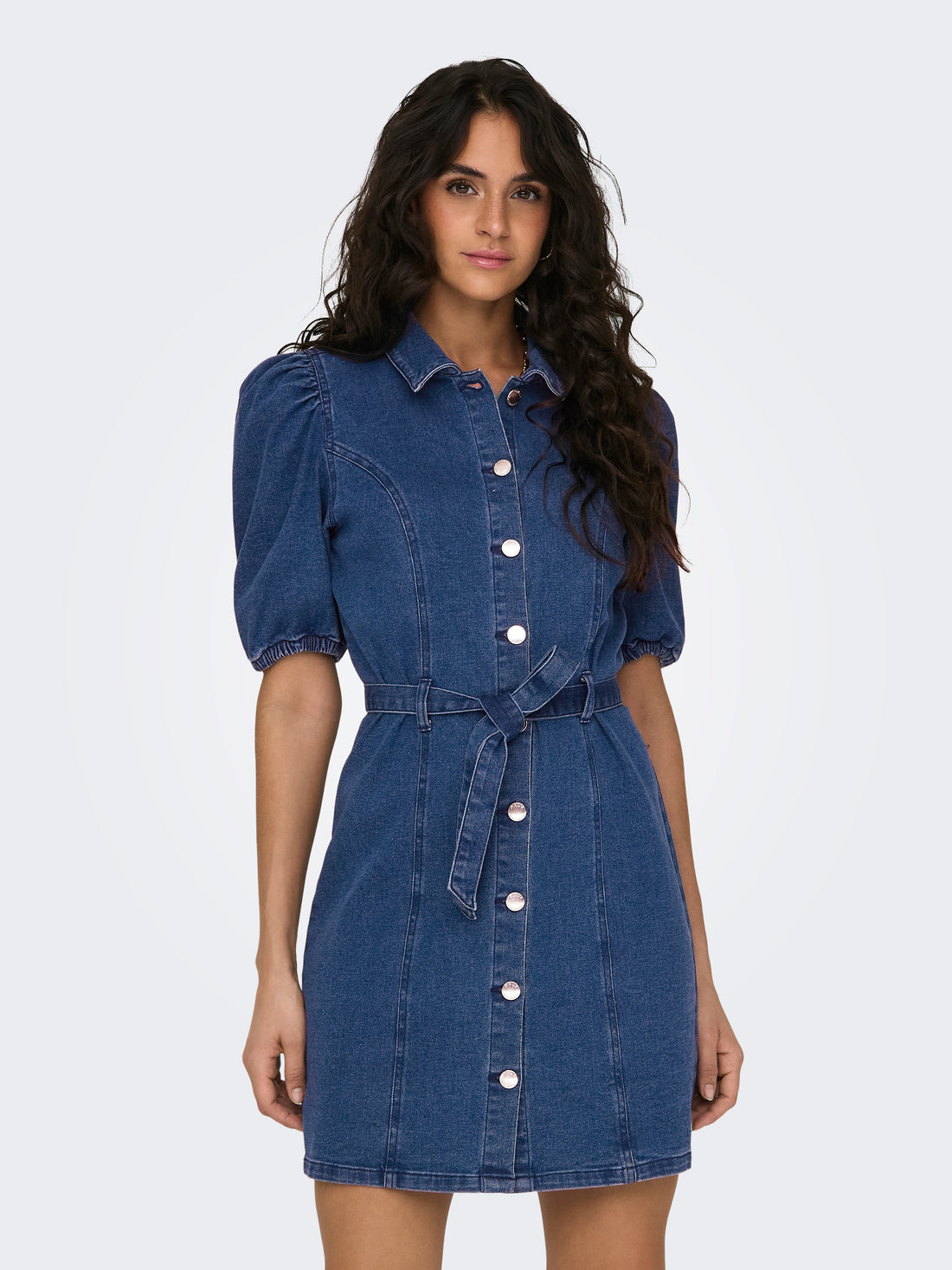 ONLY Jeanskleid Damen Kurzarm Puffärmel Gürtel in der Taille