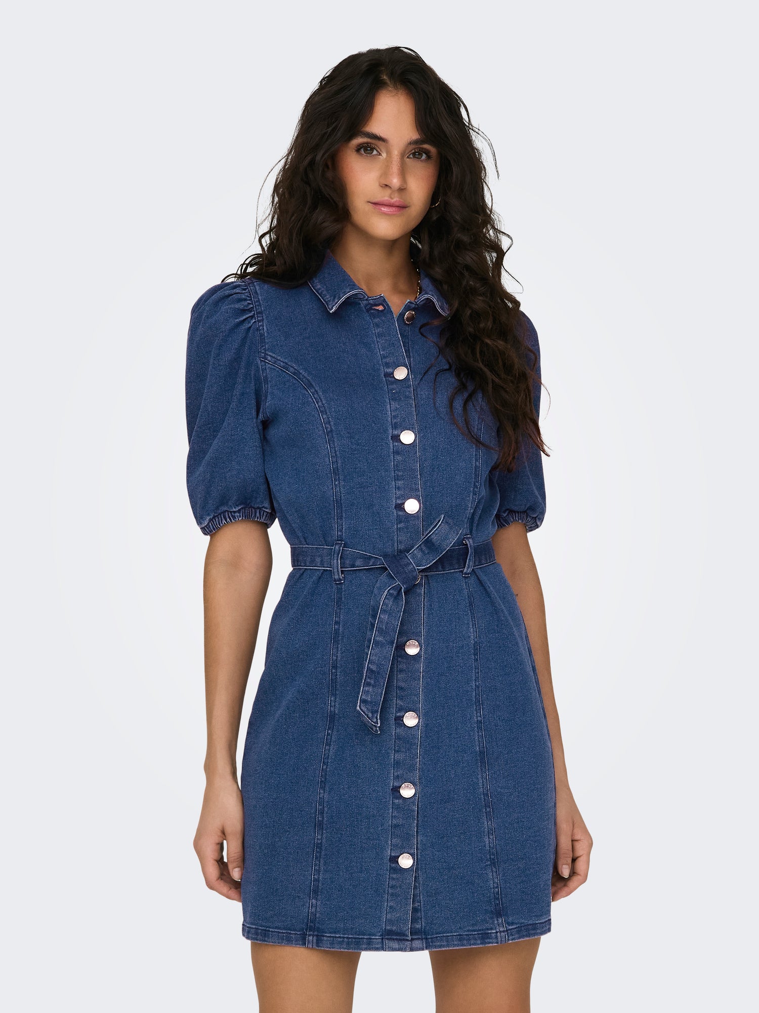 ONLY Jeanskleid Damen Kurzarm Puffärmel Gürtel in der Taille