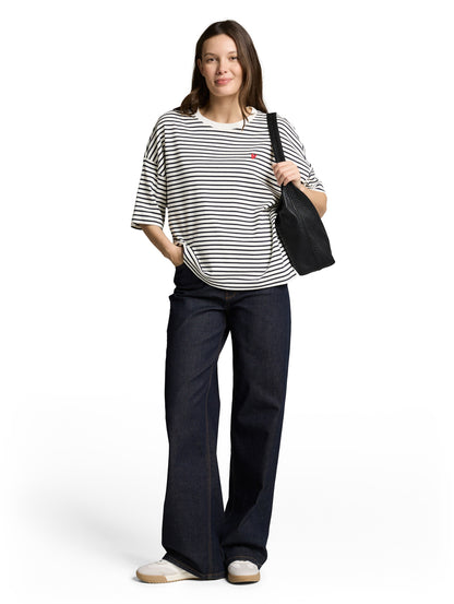 TOM TAILOR Gestreiftes T-Shirt Damen mit Herz-Detail überschnittener Schulternaht Baumwolle Elasthan