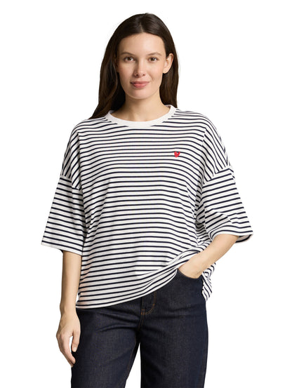 TOM TAILOR Gestreiftes T-Shirt Damen mit Herz-Detail überschnittener Schulternaht Baumwolle Elasthan
