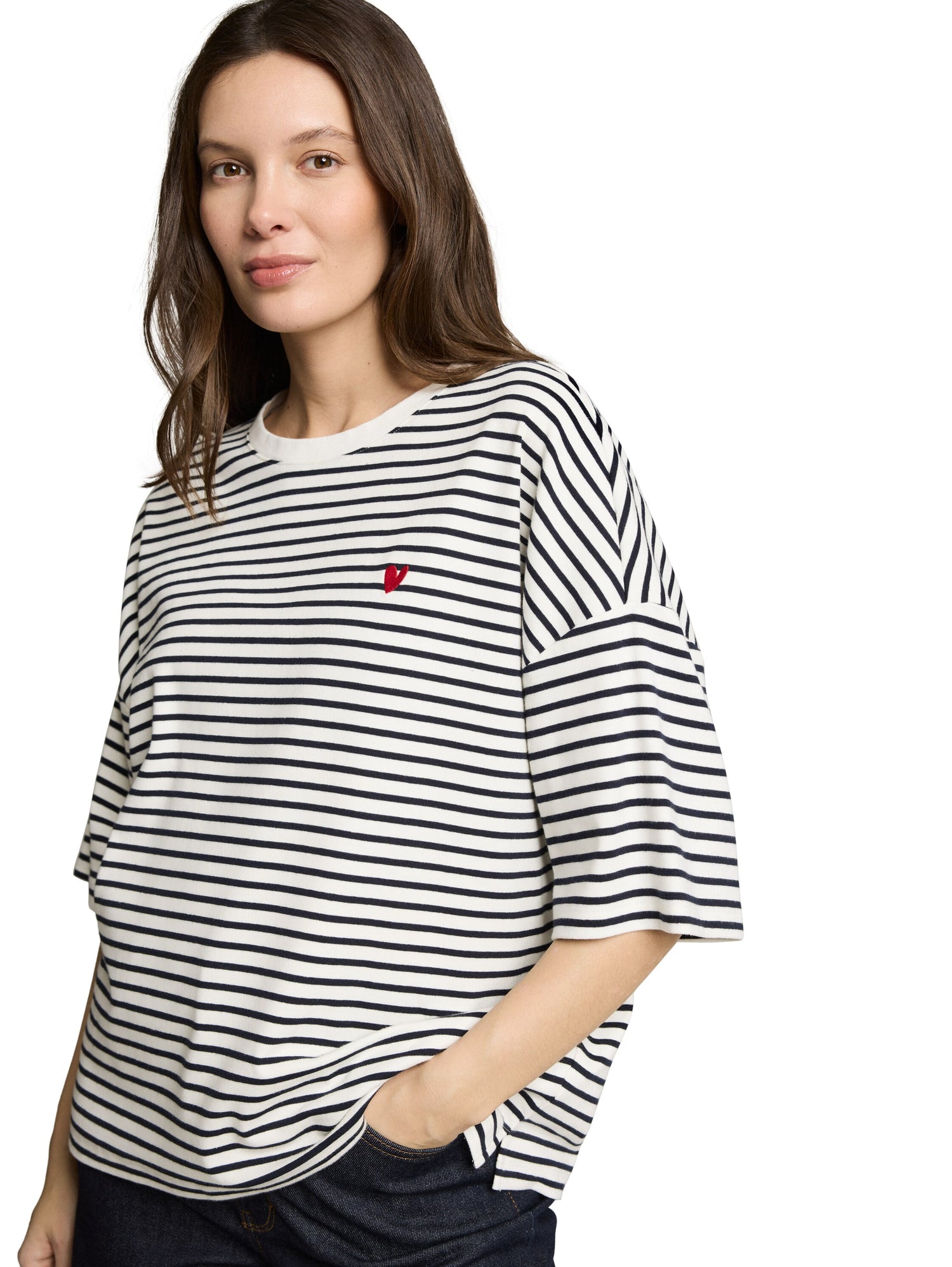 TOM TAILOR Gestreiftes T-Shirt Damen mit Herz-Detail überschnittener Schulternaht Baumwolle Elasthan