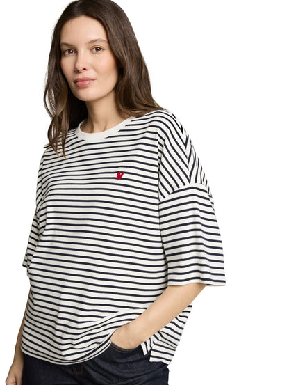 TOM TAILOR Gestreiftes T-Shirt Damen mit Herz-Detail überschnittener Schulternaht Baumwolle Elasthan
