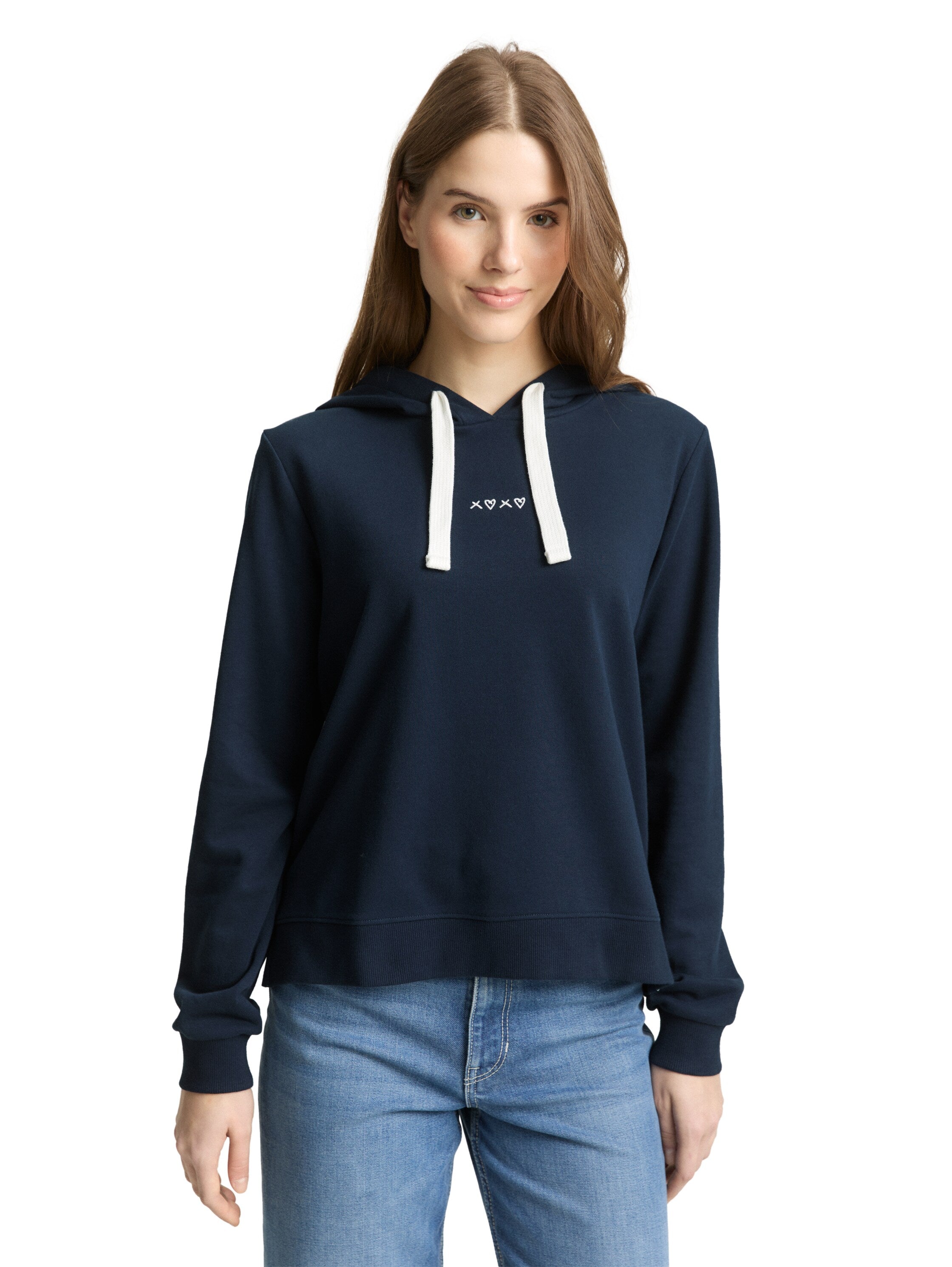 Tom Tailor Denim Damen Hoodie mit Stickerei und Kordelzug