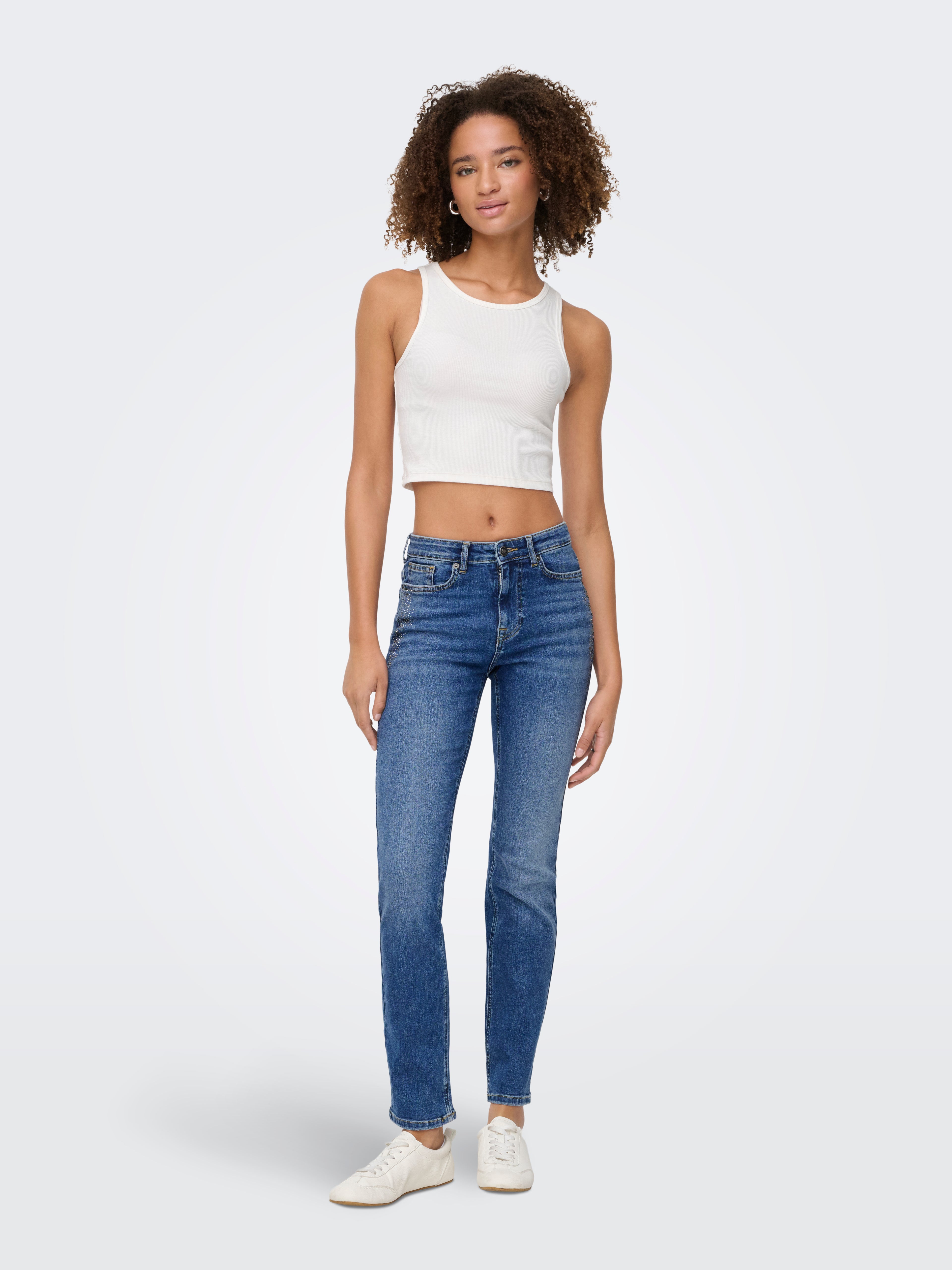 ONLY Slim Fit Jeans Damen Mittlere Taille Knopfleiste Gürtelschlaufen