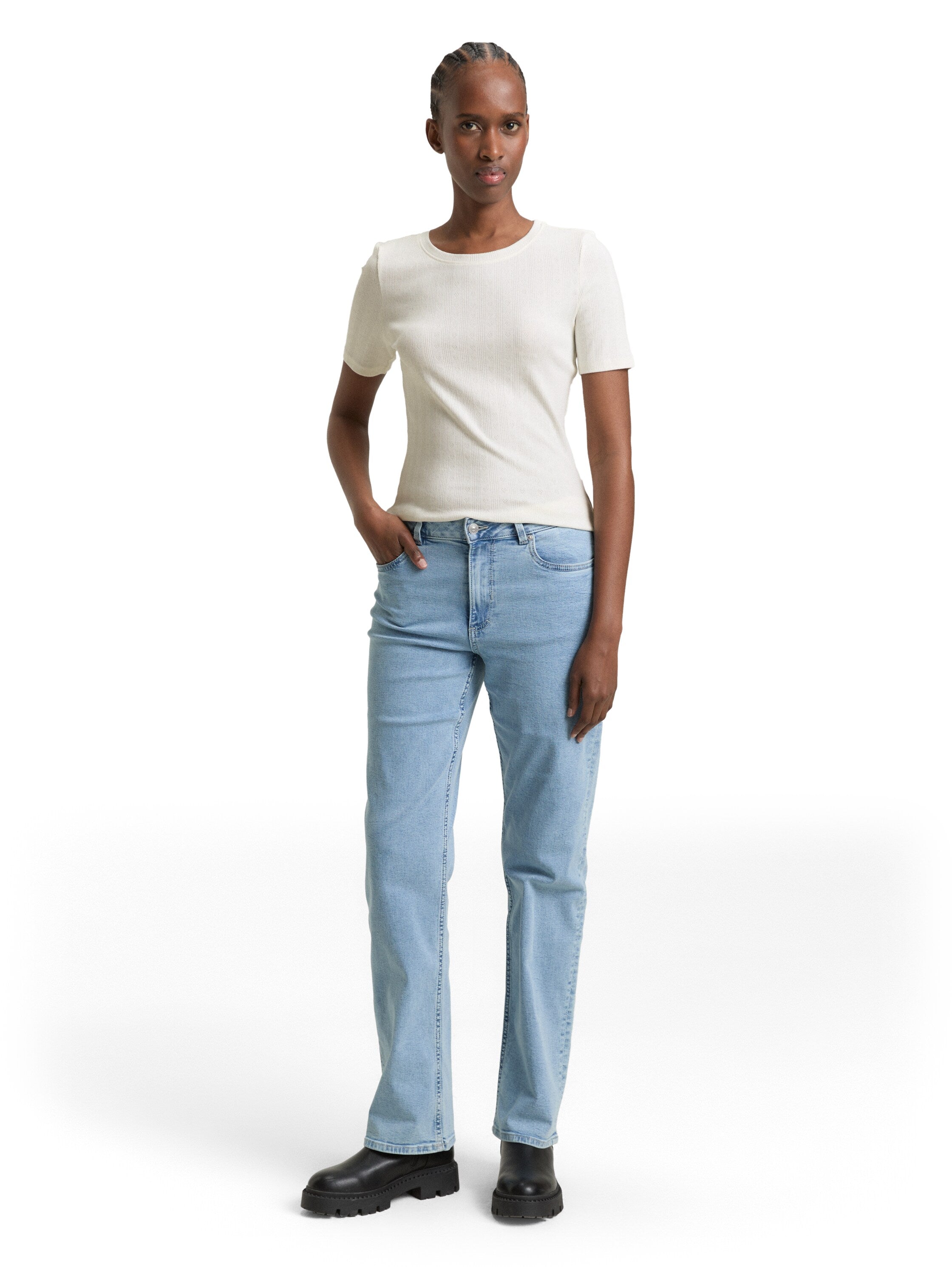 Tom Tailor Denim Female T-Shirt mit Pointelle-Lochmuster Baumwolle Elasthan