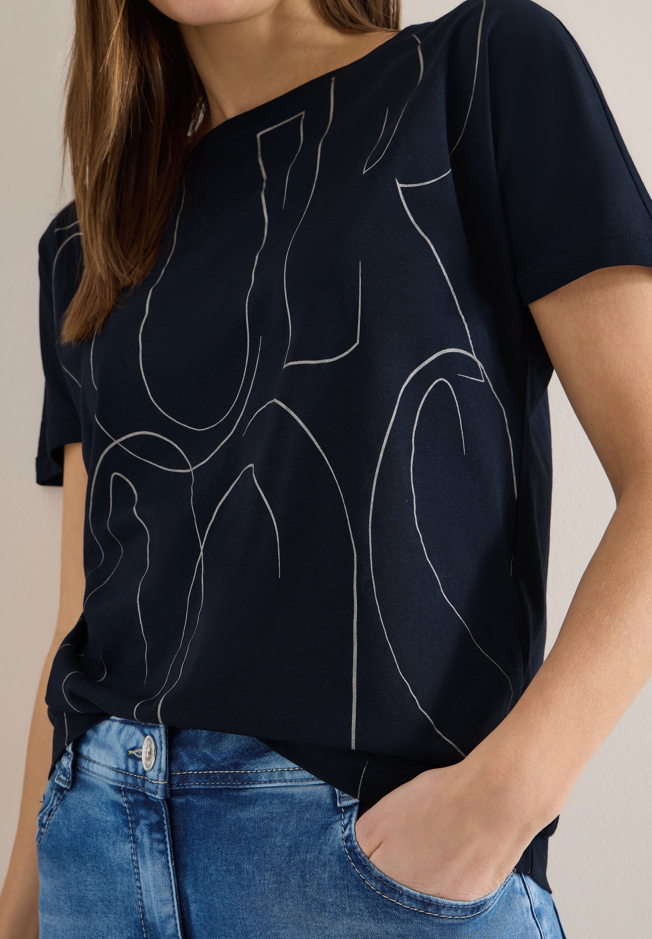 CECIL Damen T-Shirt U-Boot-Ausschnitt Kurzarm Casual Modal Baumwolle