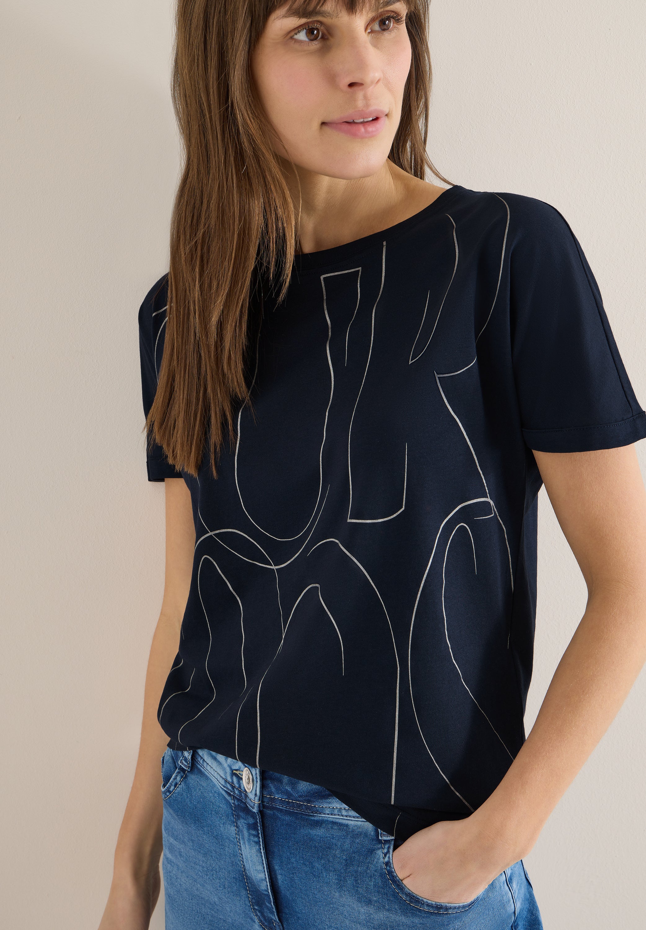 CECIL Damen T-Shirt U-Boot-Ausschnitt Kurzarm Casual Modal Baumwolle