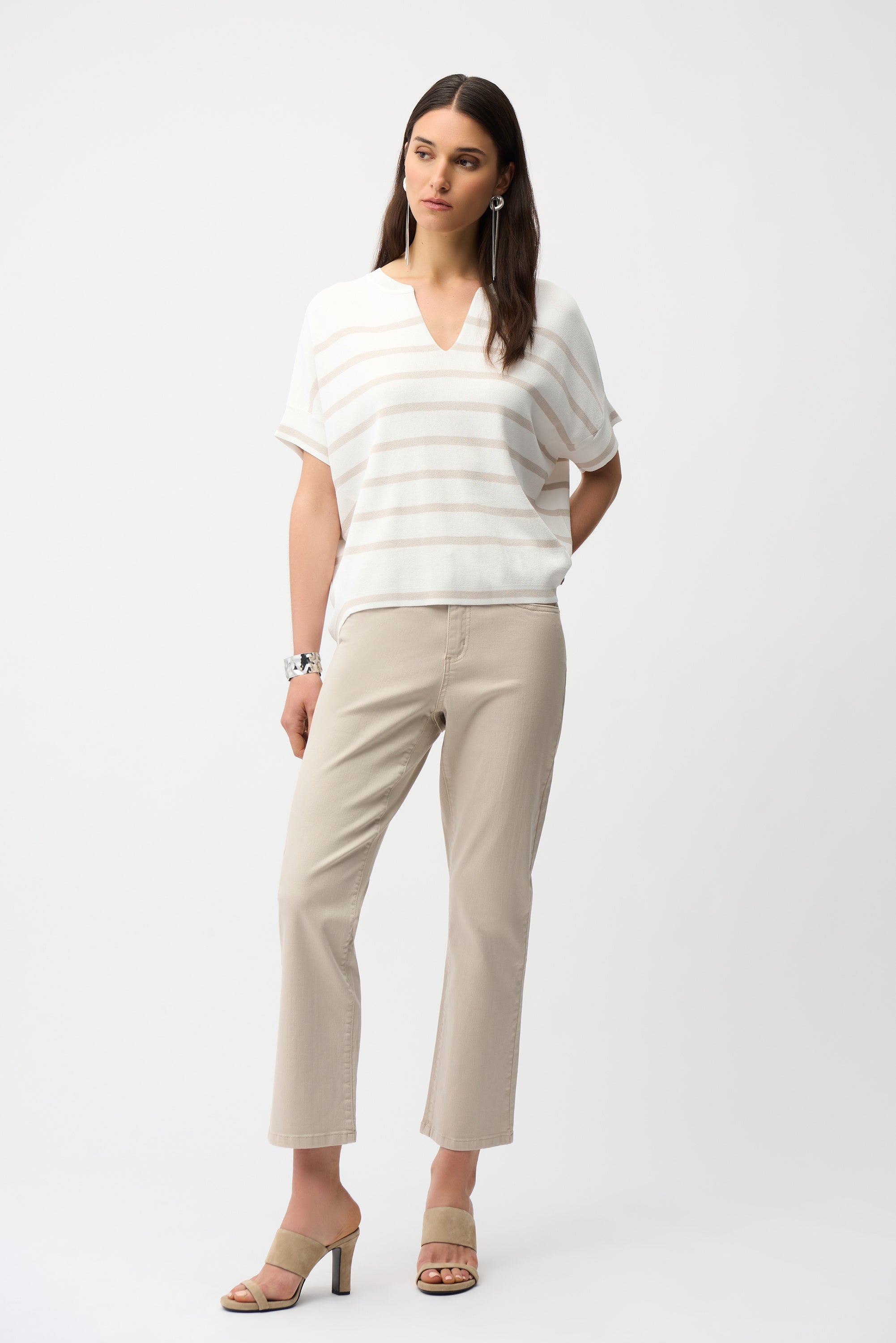 Joseph Ribkoff Gestreifter Sweater Damen Asymmetrischer Saum V-Ausschnitt Fledermausärmel