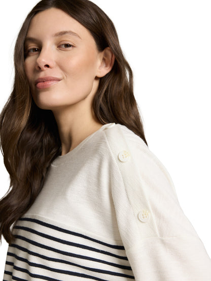 TOM TAILOR Longsleeve Damen Gestreift 3/4-Arm Jacquard Baumwolle