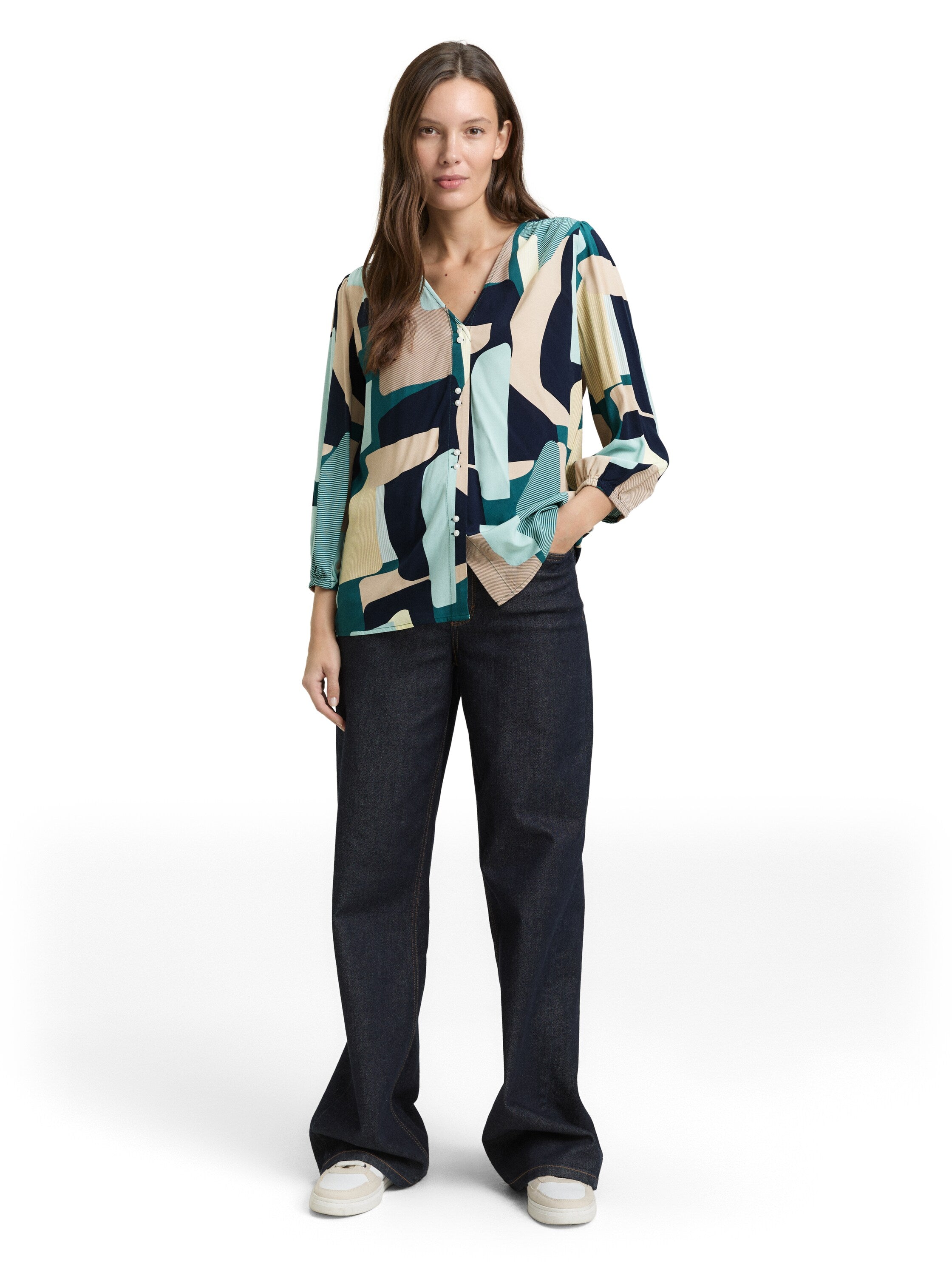 TOM TAILOR Bluse Damen 3/4-Arm V-Ausschnitt Raffungen