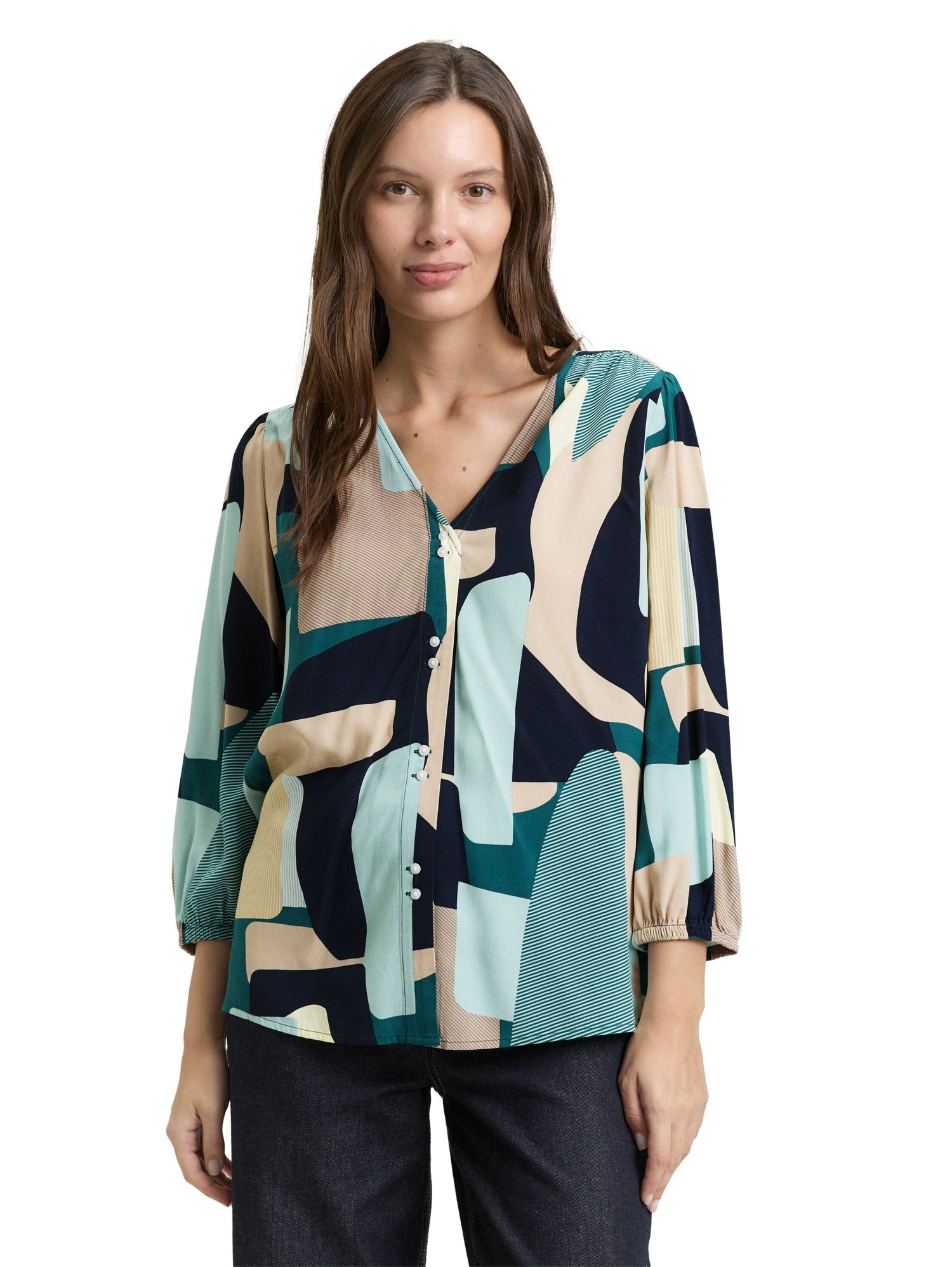 TOM TAILOR Bluse Damen 3/4-Arm V-Ausschnitt Raffungen