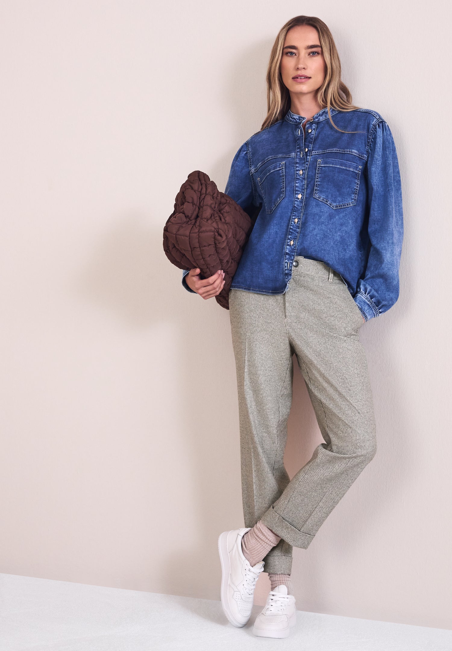 Street One Damen Hose Slim Leg Houndstooth Turn-Up Casual Fit