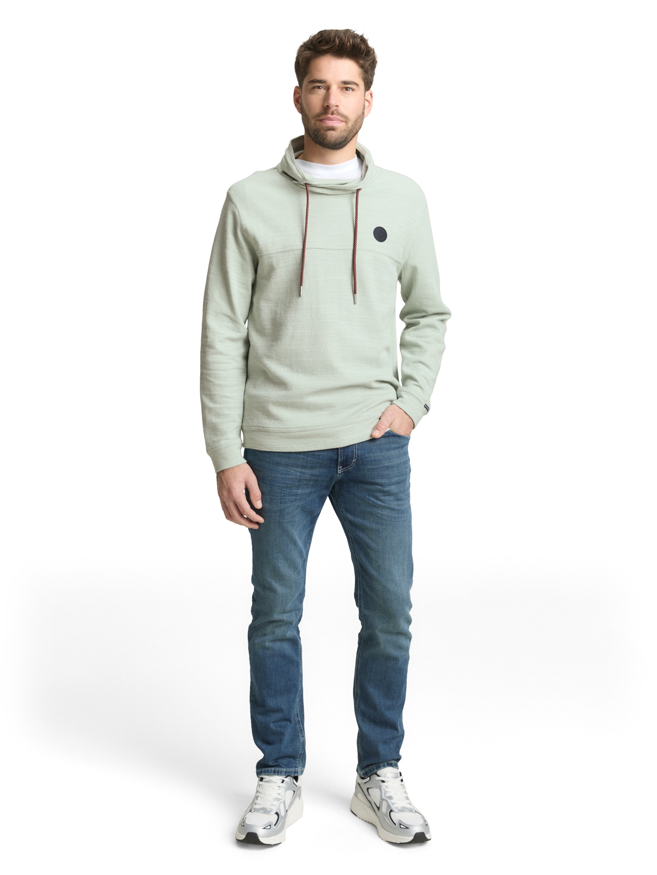 Tom Tailor Herren Longsleeve mit Kordelzug im Schalkragen Logo-Badge Baumwolle Polyester