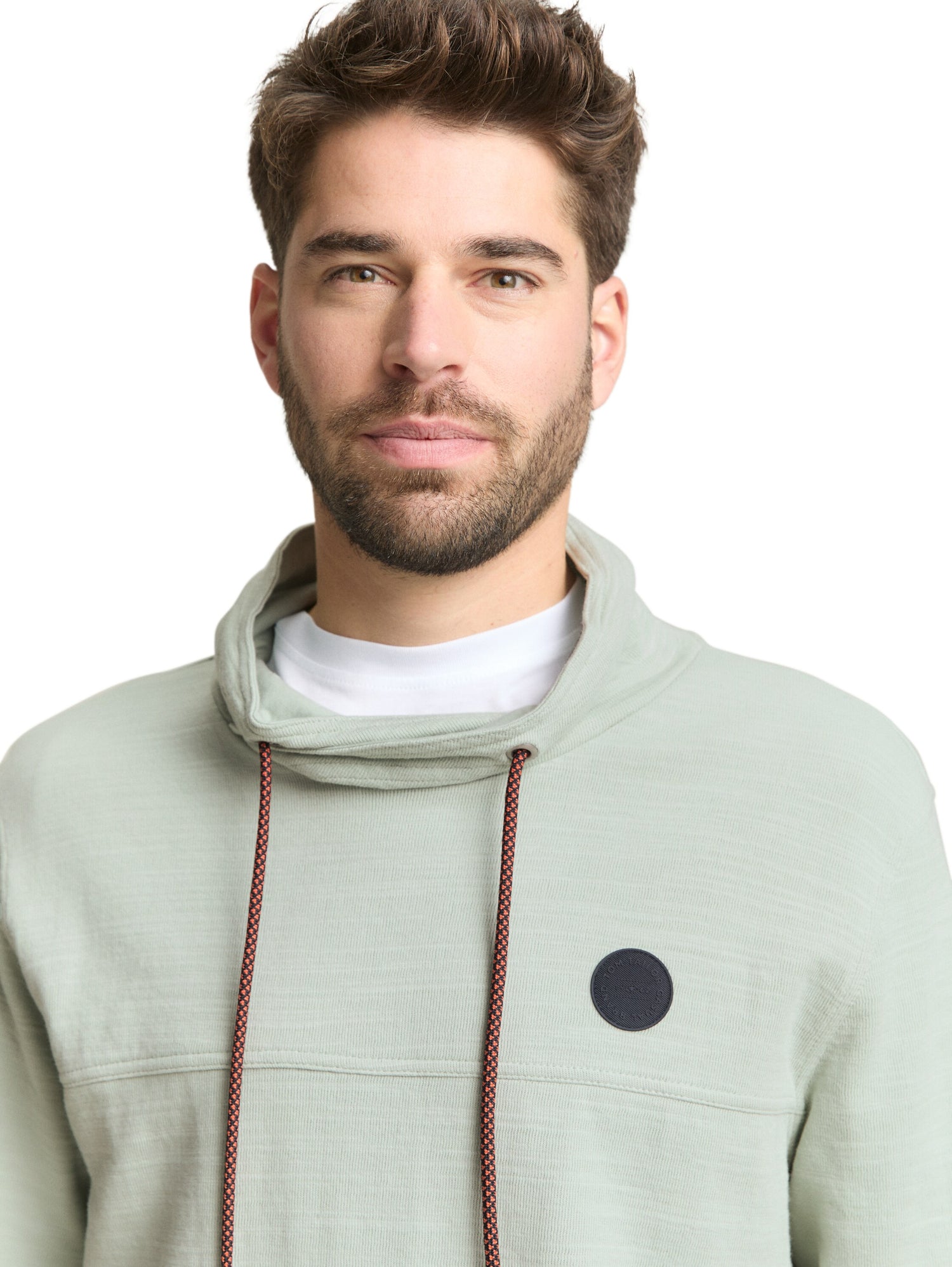 Tom Tailor Herren Longsleeve mit Kordelzug im Schalkragen Logo-Badge Baumwolle Polyester