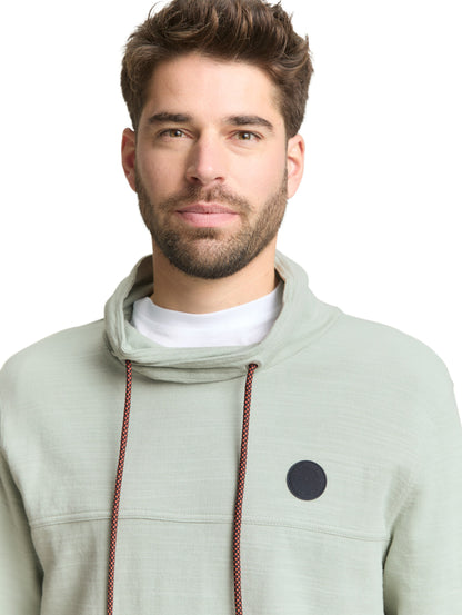 Tom Tailor Herren Longsleeve mit Kordelzug im Schalkragen Logo-Badge Baumwolle Polyester