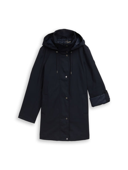 TOM TAILOR Lange Jacke Damen Jacke mit verstaubarer Kapuze Stehkragen Ärmellänge verstellbar