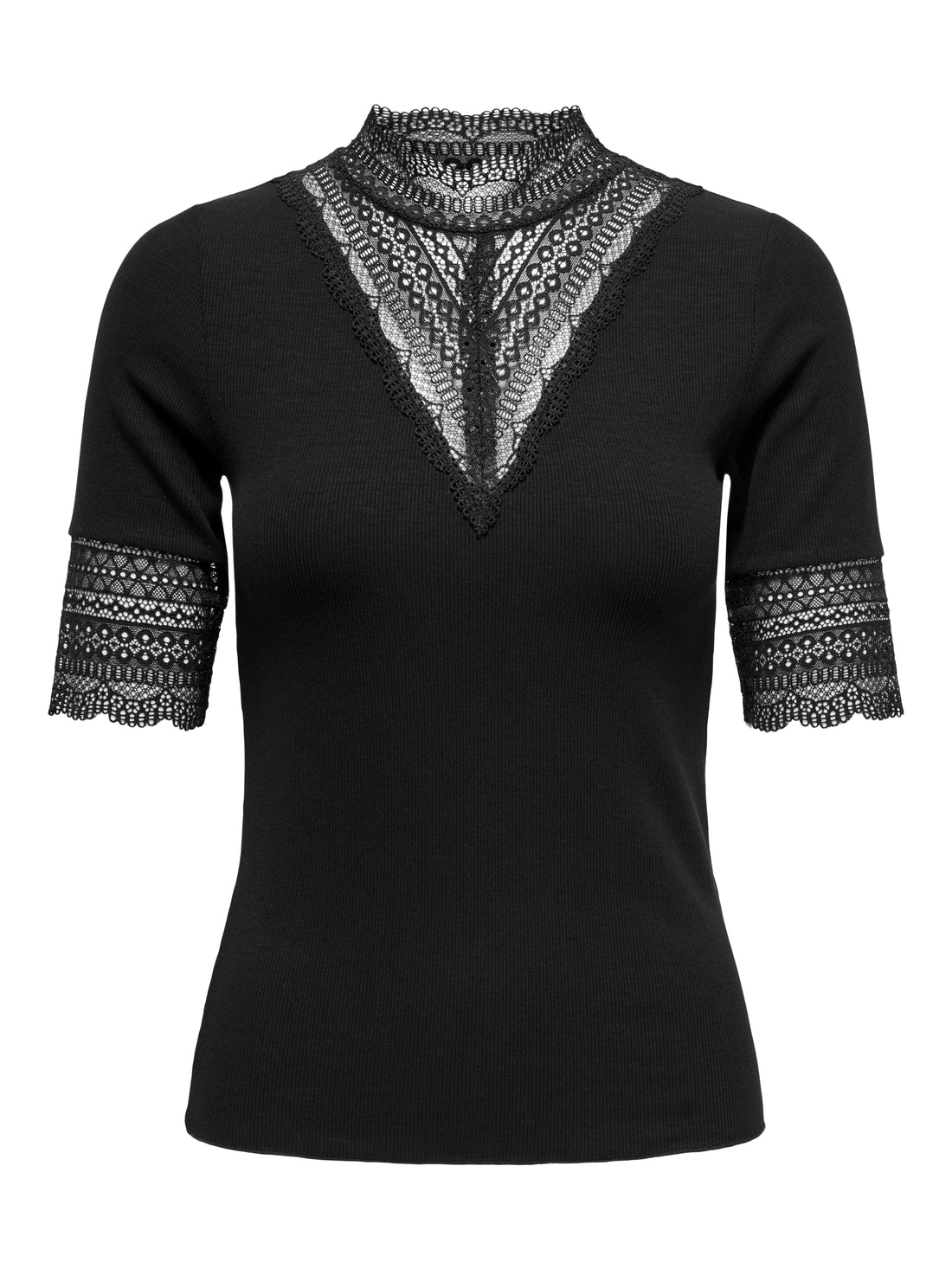 ONLY Top Damen Hochgeschlossen Kurzarm Spitzen-Detail Enger Schnitt