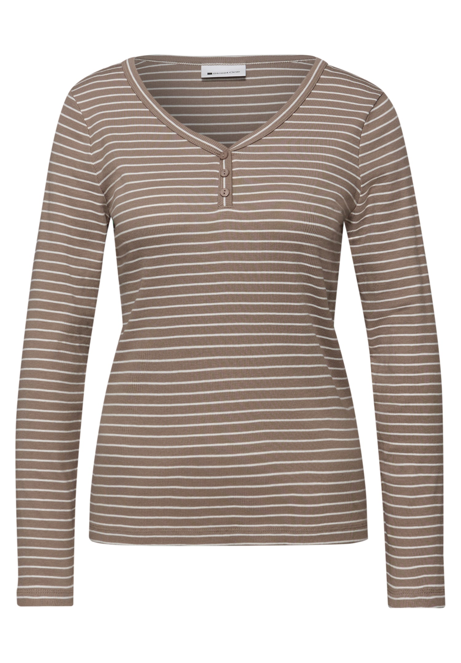 Street One Damen Shirt Gestreift V-Ausschnitt Knopfdetail Baumwolle Elasthan
